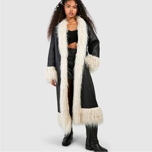 Boohoo Black Long Jacket with Cream Faux Fur Trim Penny Lane